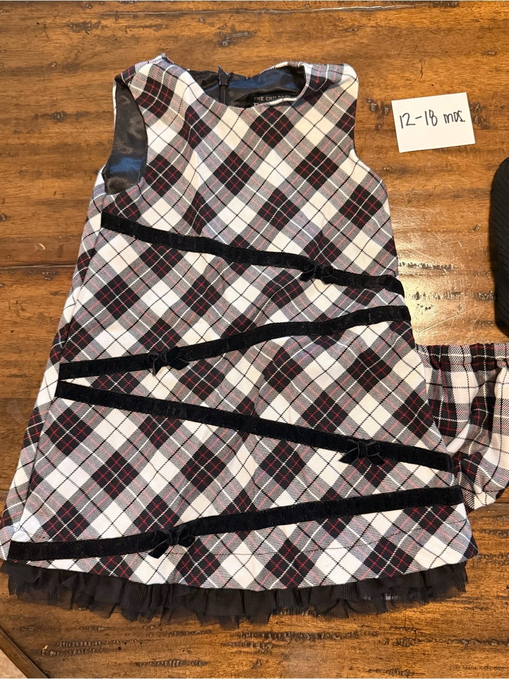 Girls Plaid Shift Dress with Velvet Trim - Black, White, Red